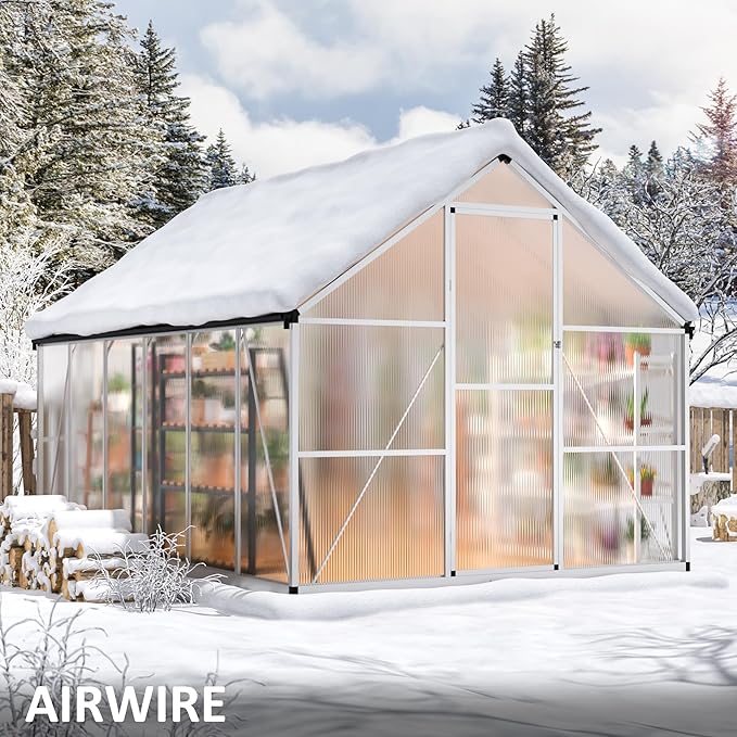 Greenhouse - 8x12 FT Quick Setup Polycarbonate with Roof Vent, Aluminum Large Walk-in for Outside Garden Backyard, Sliver