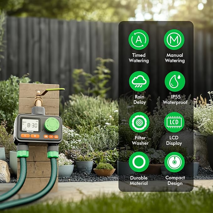 RESTMO 2 Zone Sprinkler Timer, Programmable Water Timer for Garden Hose, Automatic Control | Manual ON/Off | Rain Delay for Outdoor Faucet, Drip Irrigation and Lawn Watering System