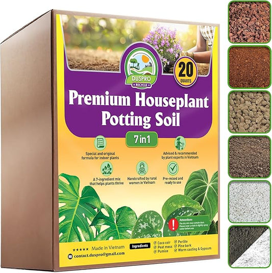 DUSPRO Recycle Pre-Mixed House Plant Potting Mix 7in1 with Potting Soil Indoor Plants, Tropical Indoor Potting Soil with Pine Bark, Pumice, Coco Coir, Perlite, Worm Castings, Gypsum, Peat Moss 20QRT