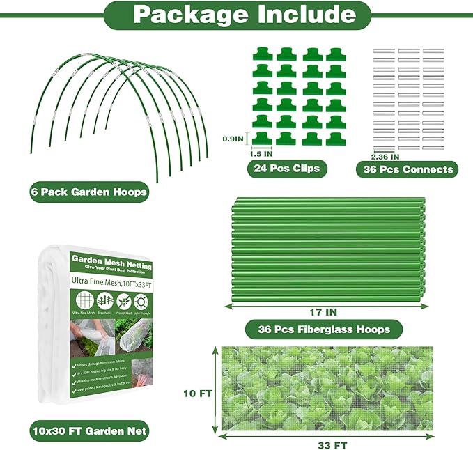 Garden Mesh Netting Kit, 10x33FT Ultra Fine Mesh Netting with 6 Sets Fiberglass Garden Hoops & 24 Clips for Raised Beds Vegetable Flowers Protection Barrier Plant Covers Net