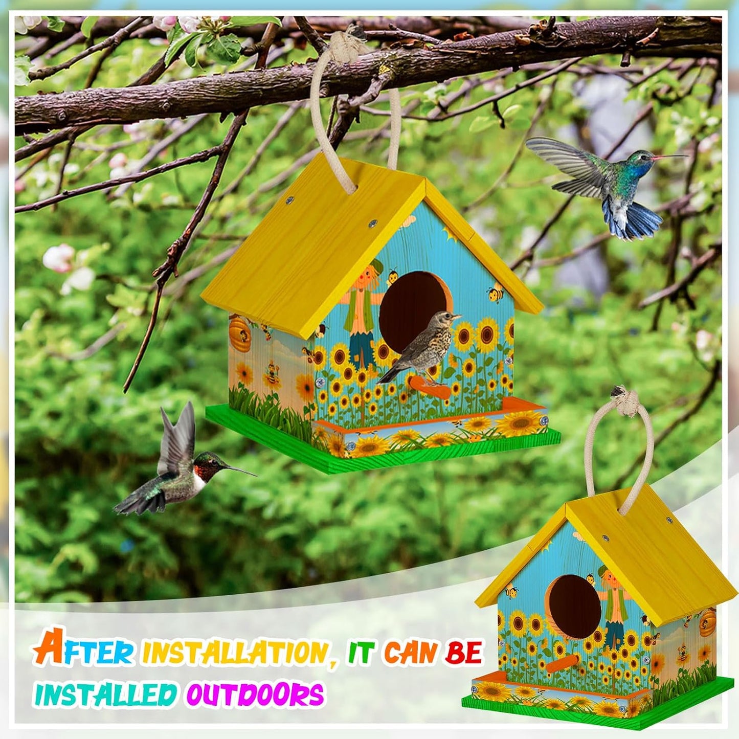 Liliful 8 Sets Wooden DIY Birdhouse Kit Unfinished Bird Houses with Paints and Paintbrushes Bird Feeder Craft Arts for Boy or Girl Classroom Activity and Christmas Kids Wooden Craft Gifts