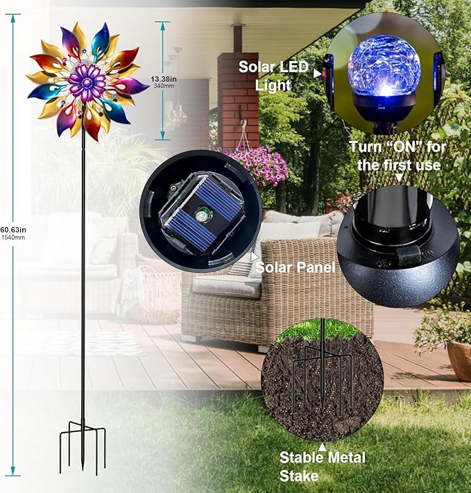 360° Wind Spinners Outdoor with Solar Lights Colored Petals Garden Decor Yard Lawn Art Decor for Patio Kinetic Flower Windmills Unique Gifts for Friends and Family 60.63'' H x 13.38'' Dia