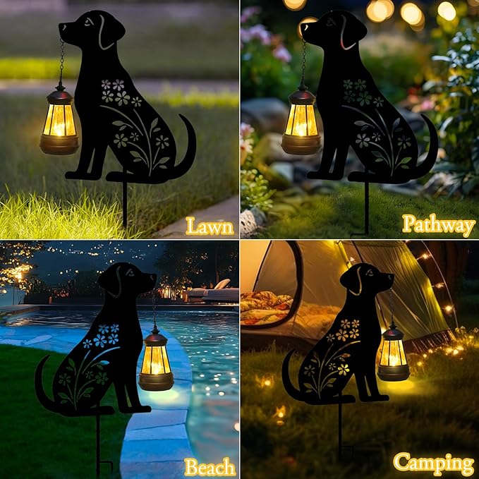 Afirst Solar Outdoor Garden Stake Solar Dog Decorative Stake Light with Lantern Decorative Lights Metal Outdoor Ornament for Yard Pathway Lawn Patio Decoration
