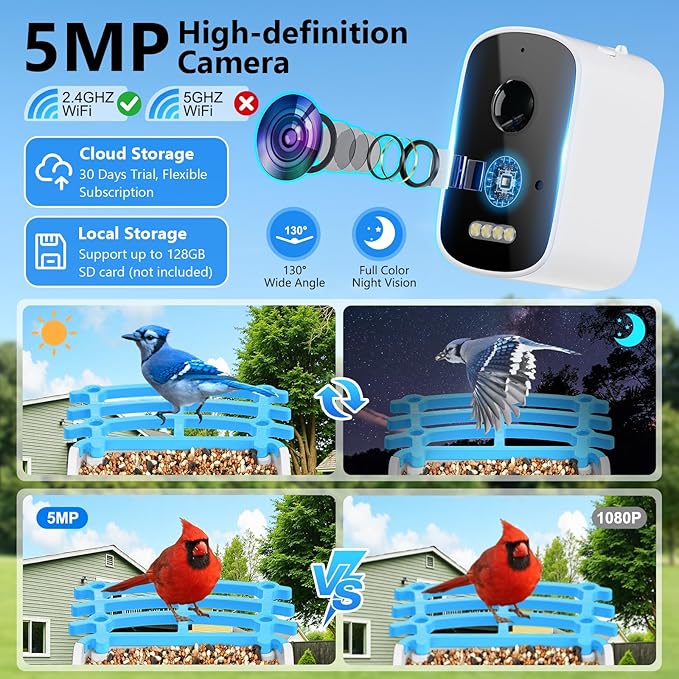 Smart Bird Feeder with Camera, AI Bird Species Identification Solar Powered Panel, 2.5k HD Video Bird House with Camera for Outside Garden, Ideal Gifts for Lover, Blue
