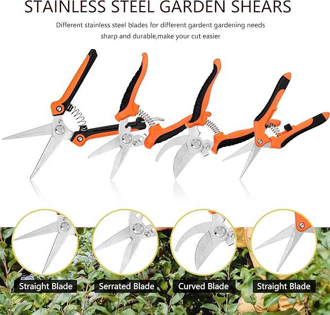 5 pack Garden Pruning Shears Stainless Steel Blades, Handheld Scissors Set with Gardening Gloves,Heavy Duty Garden Bypass Pruning Shears,Tree Trimmers Secateurs, Hand Pruner (Orange)