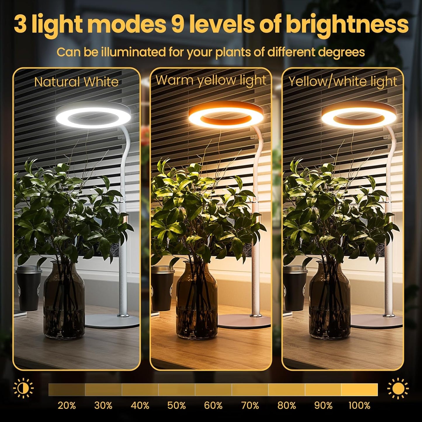 bseah Grow Light, LED Plant Light for Indoor Plants Growing, Full Spectrum Desk Grow Lamp with Pedestal, Automatic Timer for 3H/9H/12H, 10 Dimmable Levels (White)