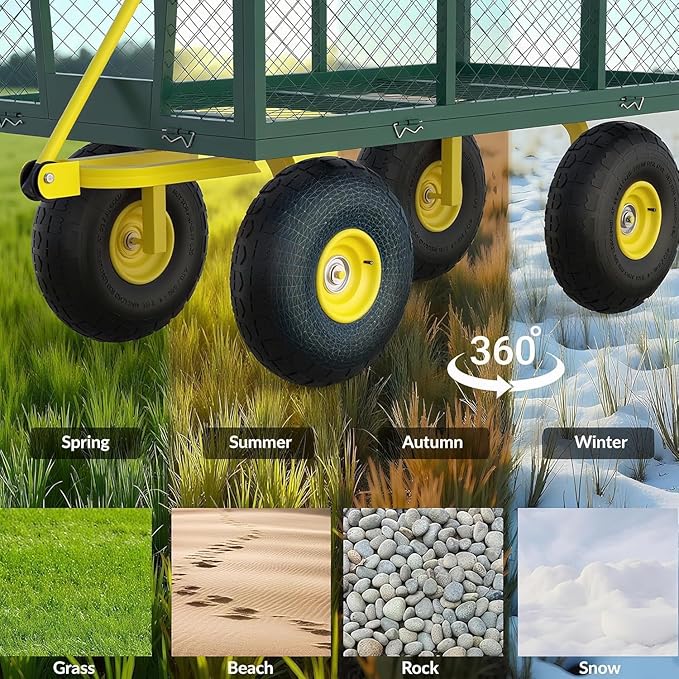Metal Wagon - 1200lbs Garden Cart with 10" Multi-Terrain Tires, 4 Removable Mesh Sides & 180° Swivel Handle, Yard Wagon Cart for Lawn, Yard, Patio Gardening