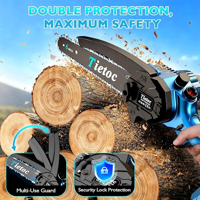 Tietoc Mini Chainsaw, 6 Inch Chain Saw Cordless, 880W Powerful Electric Handheld Chainsaw with Automatic Oiler, with 2 Batteries and 2 Chains, Tree Trimmer Gardening Tools Gift for Men, Father, Dad