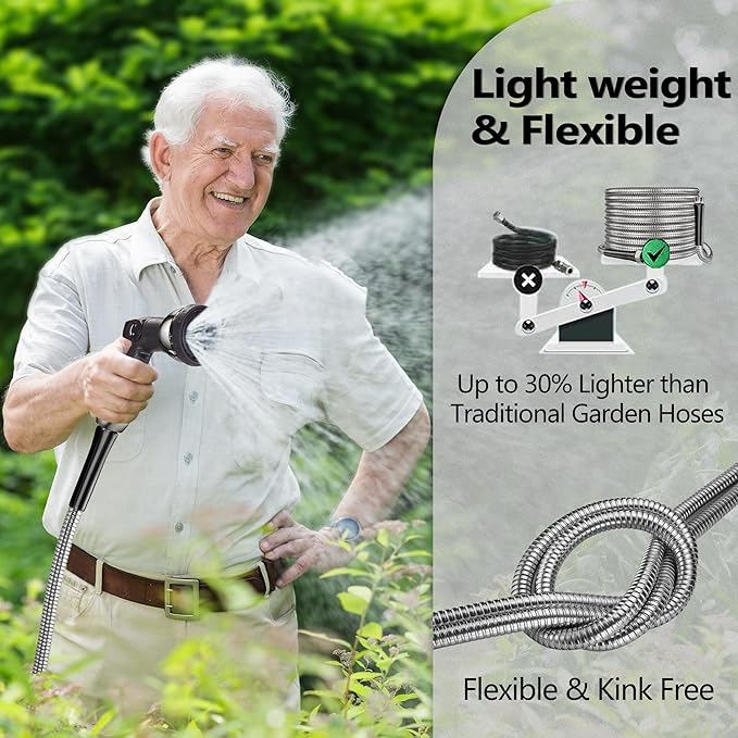 150 ft Garden Hsoe - 2025 New 304 Stainless Steel Garden Hose with 10-Function Spray Gun, 3/4'' Copper-Chrome Fittings – Lightweight, Durable, and Kink-Free, Metal Water Hoses for Gardening