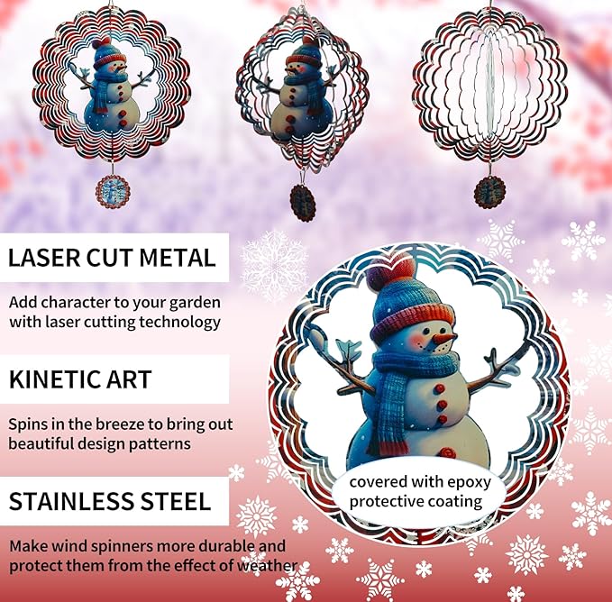 3D Snowman Wind Spinners for Yard and Garden Christmas Decor 12 Inch Outdoor Metal Stainless Steel Wind Spinner Unique Gift Xmas Wind Sculptures