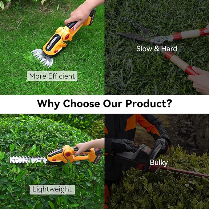 Hedge Trimmer Cordless, TOOVEM 2 in 1 Handheld Cordless Grass Shear with 2 Pcs Rechargeable Batterys and Charger, 24V Electric Weed Grass Cutter Shrubbery Trimmer for Garden, Lawn (Yellow)