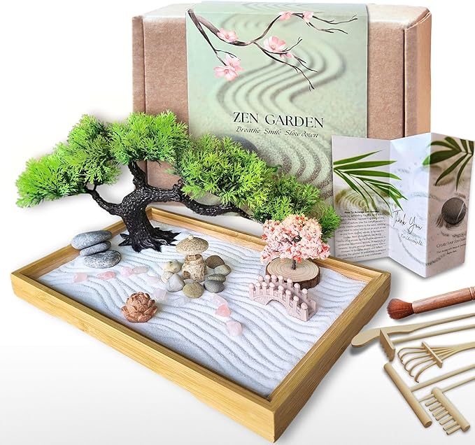Zen Garden for Desk โ Mini Japanese Rock Garden with Crystals, Bonsai Tree & Sand Tools,11x7.5in Stress Relief Desk Decor, Meditation & Relaxation Gift Set (Natural Bamboo)