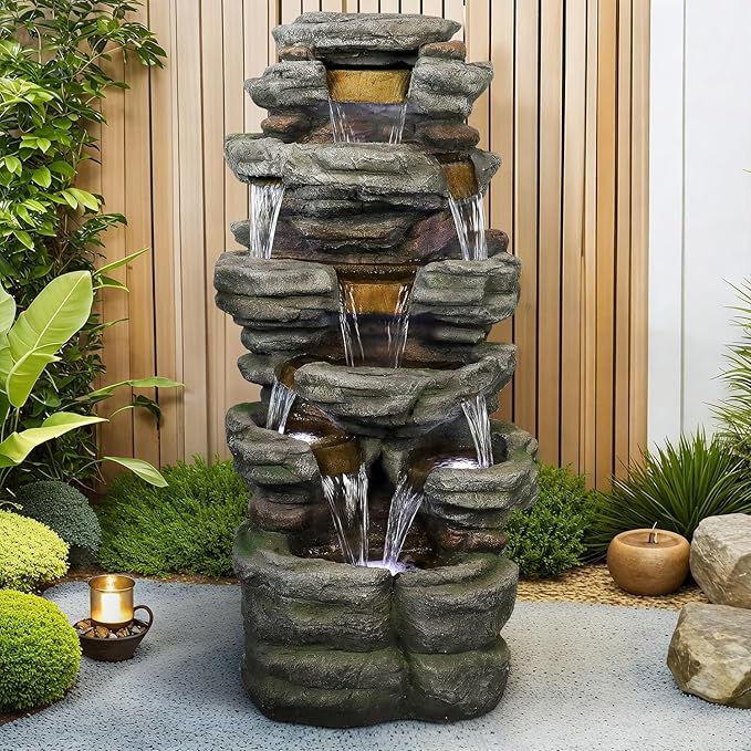 SunJet 47.2" High Cascading Rock Outdoor Water Fountain with LED Lights - Large Outdoor Resin Fountains and Waterfalls for Garden or Patio, Yard, and Deck Decor, Featuring Natural Stone Look