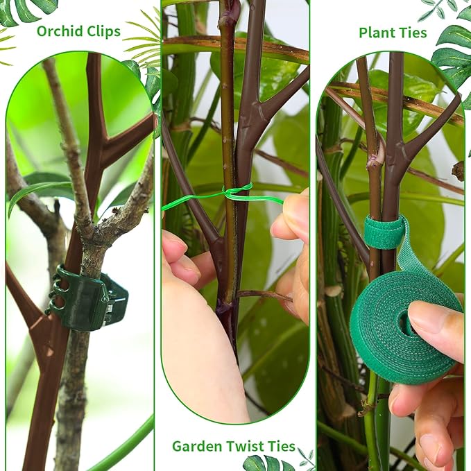4 Pack 27.56" Detachable Twig Plant Support Stakes Set, Blends in to Plant, Branch Plant Sticks with Orchid Clips Twist Plant Ties, Twig Trellis for Indoor Outdoor Plants Potted Plants Flower