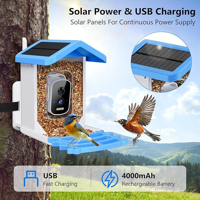 Smart Bird Feeder with Camera, AI Bird Species Identification Solar Powered Panel, 2.5k HD Video Bird House with Camera for Outside Garden, Ideal Gifts for Lover, Blue