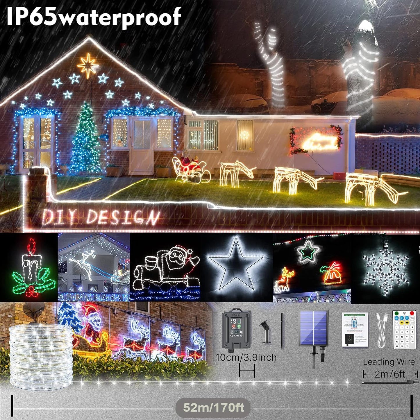 New Upgraded Solar Rope Lights Outdoor 500 LED 170FT 19 Modes Solar & USB Rechargeable String Lights with Remote Timer Dimmable Waterproof for Garden Camping Pathway RV Christmas Decor (500LED-White)