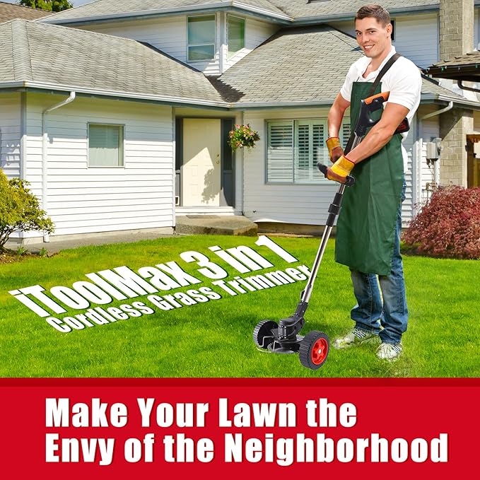 3 in 1 iToolMax Cordless Grass Trimmer, Electric Weed Wacker Cordless, Weed Eater Battery Powered with Two 21V/1500mAh Batteries, Brush Cutter & Grass Trimmer & Lawn Edger with 3 Types of Blades