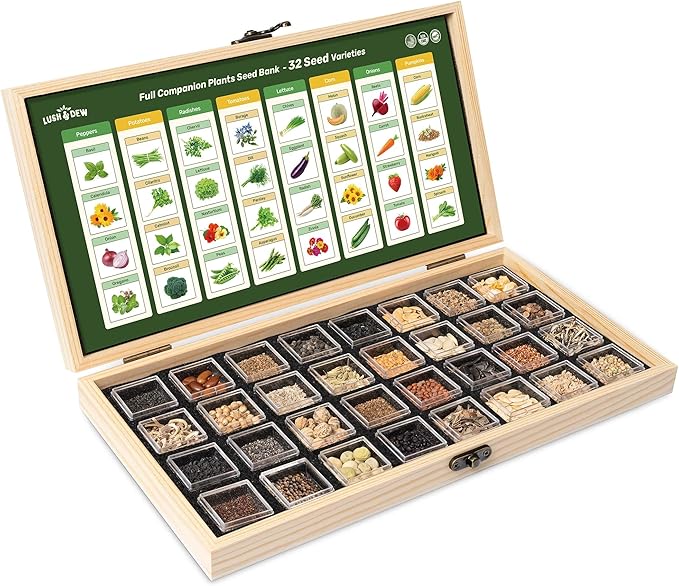 Lush&Dew Full Companion Plants Seed Bank, Gardening Gifts, 32 Varieties Non-GMO Heirloom Seeds for Planting Vegetables Herbs Flowers Fruits, Survival Seed Kit, Emergency Food Supplies
