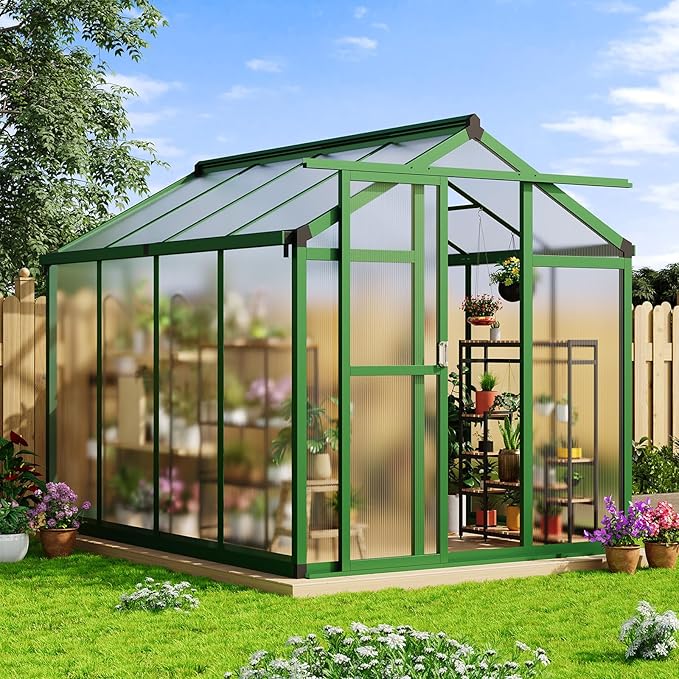 6x8 ft Greenhouse, Large Aluminum Greenhouses for Outdoors, Heavy Duty Polycarbonate Greenhouse with Roof Vent, Walk-in Green Houses for Winter Garden, Backyard, Patio, Lawn, Easy Assembly