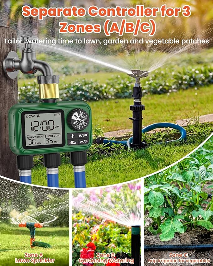 3 Outlet Sprinkler Timer Brass, XinFuture Programmable Water Sprinkler Controller for Yard, Lawn & Greenhouse, Automatic/Manual/Rain Delay Mode, Compatible with Drip Irrigation Systems