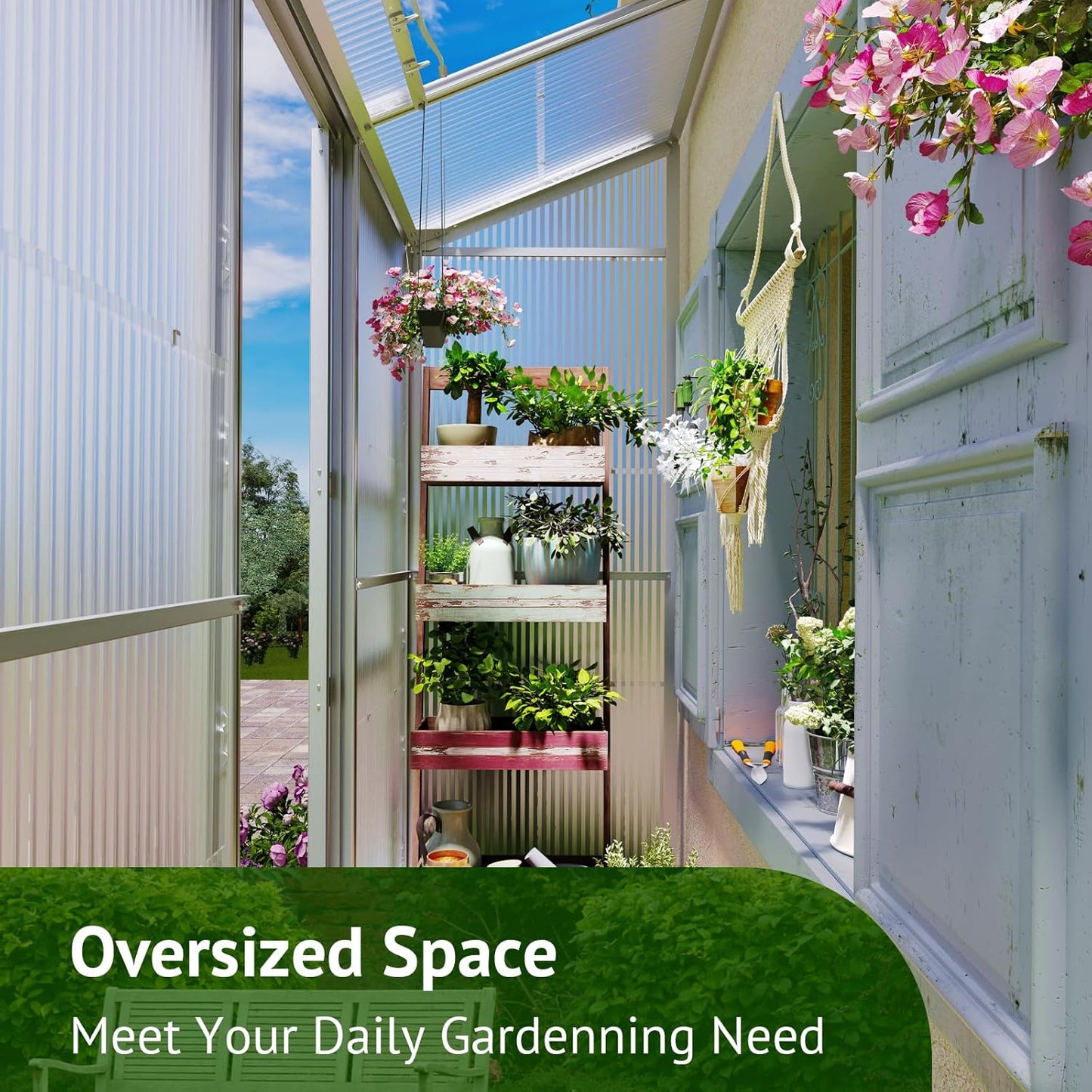 6x2ft Lean-to Polycarbonate Greenhouse, Small Walk-in Greenhouse, with Adjustable Roof Vent, Rain Gutter and Sliding Door, Outdoor Green House for Terrace, Backyard Sliver