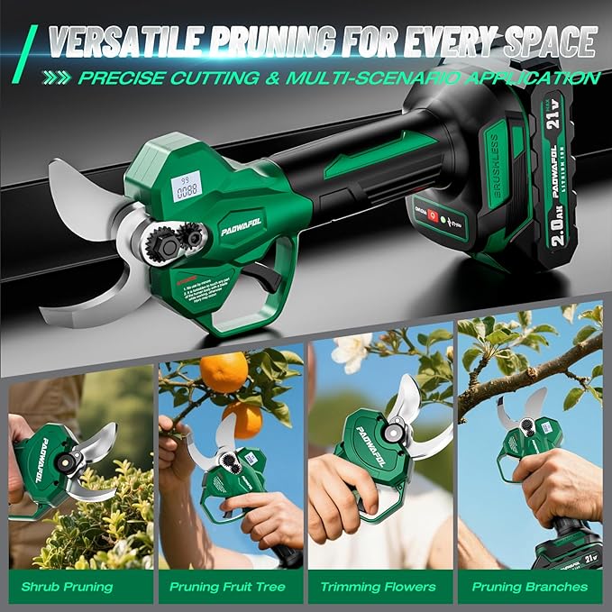 Electric Pruning Shears, 1.4 inch (35mm) Cutting Diameter Cordless Electric Scissors with LCD Display, 21V Brushless Motor Branch Cutter with 2 PCS Rechargeable 2000mAh Batteries & 2 Blades
