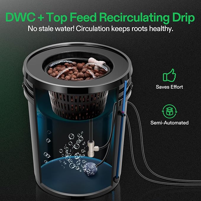VIVOSUN DWC Hydroponics Grow System with Top Drip Kit, 5-Gallon Deep Water Culture, Recirculating Drip Garden System with Multi-Purpose Air Hose, Air Pump, and Air Stone (1 Bucket + Top Drip Kit)