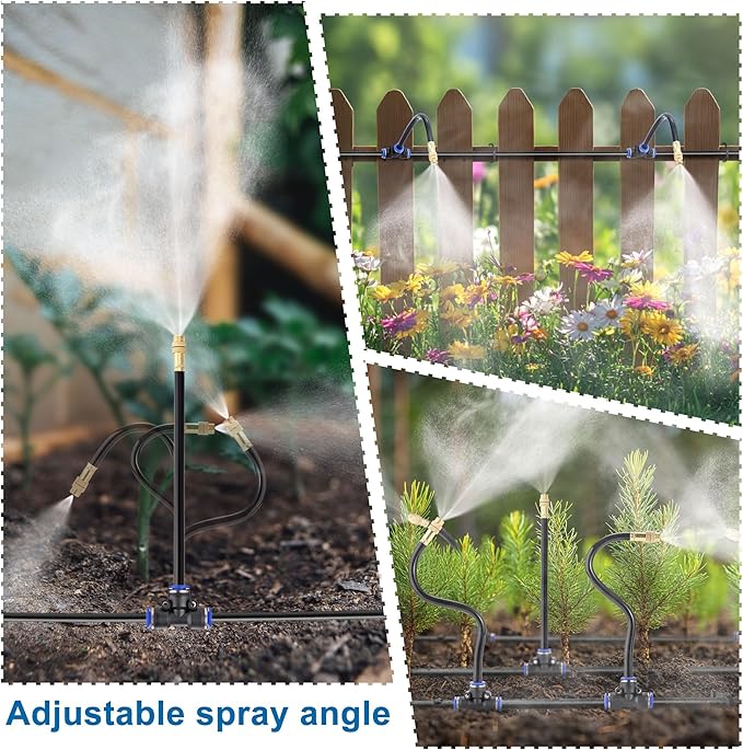 Mornajina Automatic Drip Irrigation Kits Garden Irrigation System, Includes Calcium Inhibitor Filter & 66FT 5/16 inch Irrigation Tubing Hose & 20Pcs 360° Bending Dropper Atomizing Mist Nozzles Tee