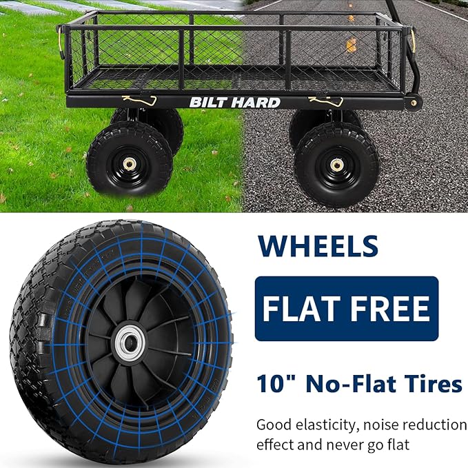BILT HARD 10" Flat Free Tires Heavy Duty Garden Cart with 180° Rotating Handle and Removable Sides, 4 Cu.Ft 880 lbs Capacity Utility Steel Wagons for Outdoor, Yard
