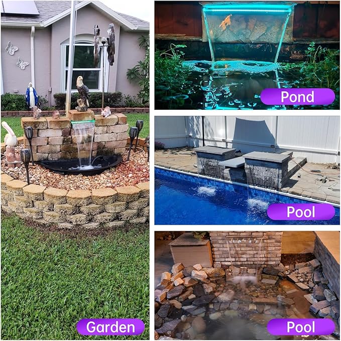Pool Waterfall Spillway Stainless Steel Pond Fountain, APP Control Colorful LED Lighted Outdoor Black Fountains, Water Flow Spillways Kit for Koi Pond, Swimming Pool, Garden-23.6"x7.8"x3.9"