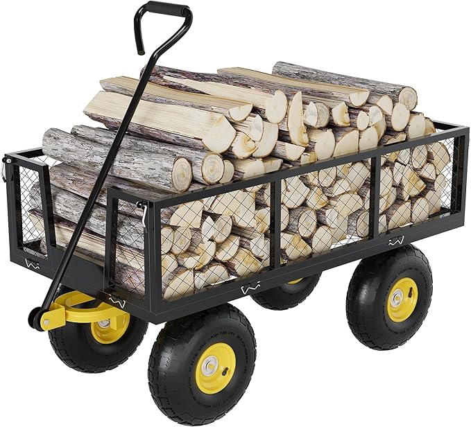 900 Lbs Garden Wagon, 2-in-1 Heavy-Duty Steel Garden Cart, with 10 Inch All-Terrain Tires and Removable Mesh Side Panels, 180° Rotating Handle, Metal Utility Yard Trailer, Outdoor Gardens Wagon Cart