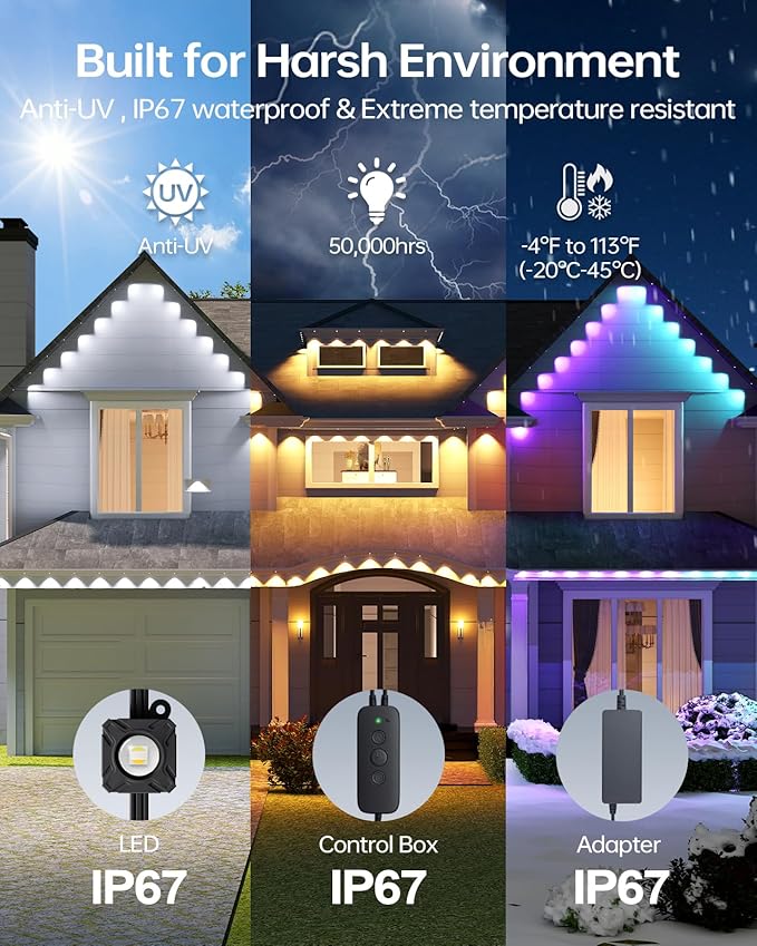 ASAHOM Permanent Outdoor Lights Pro, 300FT with 216 RGBCW LEDs and Dual Output, WLED Integration, AI Lighting, 30,000 Lighting Effects Combination, IP67 Waterproof for Outdoor Decor, Black