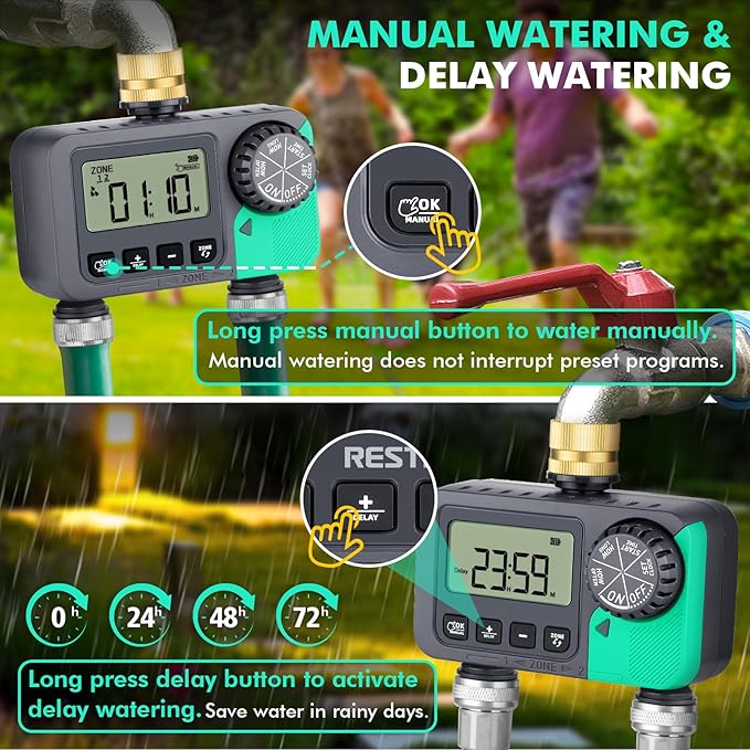 RESTMO Water Timer for Garden Hose, Sprinkler Timer with Brass Inlet, Automatic Digital Control | Manual ON/Off | Rain Delay, for Outdoor Faucet, Drip Irrigation and Lawn, 2 Outlet