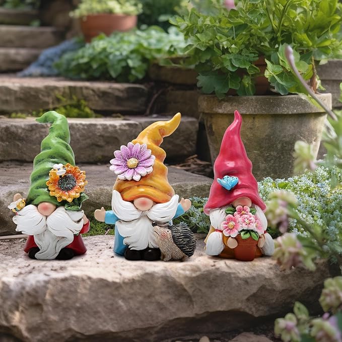 Hodao Set of 3 Spring Gnome Decorations Flower Gnomes Ornaments Decor Summer Outdoor Figurines Spring Elves for Porch, Garden Yard, Flower Bed Garden Gifts for Women, Mom (Multicolor)
