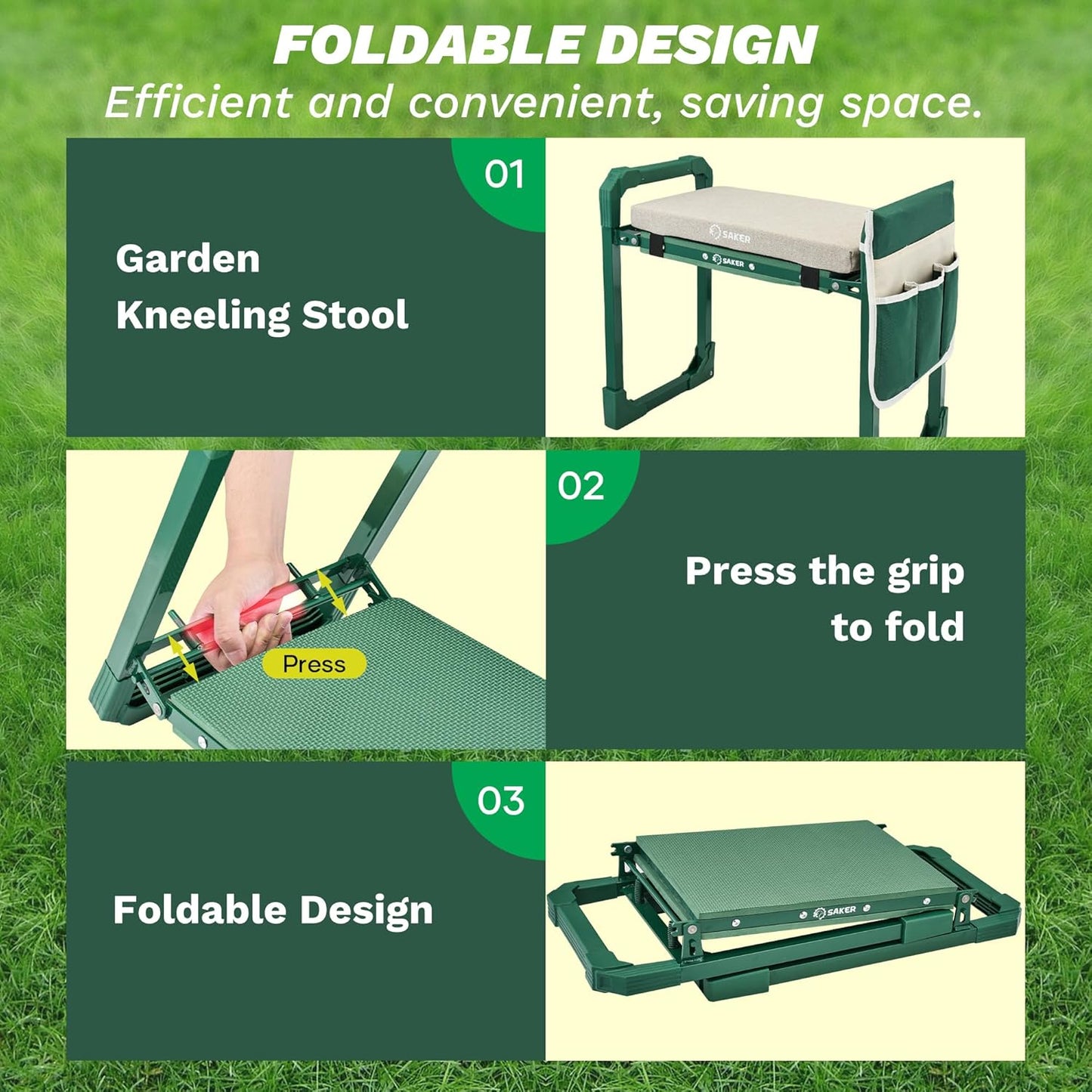 Saker Garden Kneeler and Seat Foldable Gardening Stool with Extendable Legs & Thickened Pad, Tool, Heavy Duty Support for Elderly, Gardening, Outdoor Use