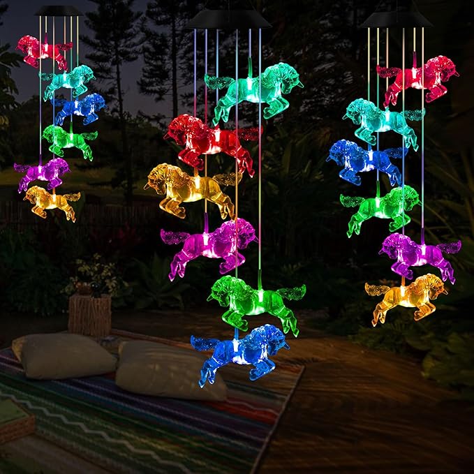 Solar Horse Wind Chimes, Color Changing Horses Wind Chime, Waterproof Solar Horse Lights, Romantic Solar Powered Horse Wind Chimes, Home, Yard, Balcony, Outdoor, Garden Decoration Gifts, Gifts for Mom