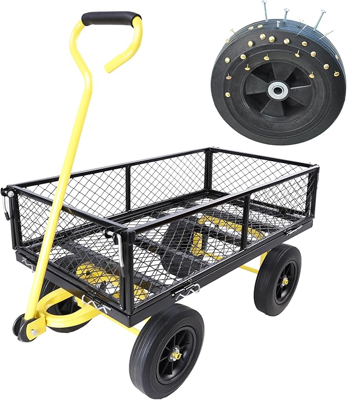 Wagon with Removable Sides - Farm, Warehouse & Garden Dump Cart - Solid Yellow+Black Wheels