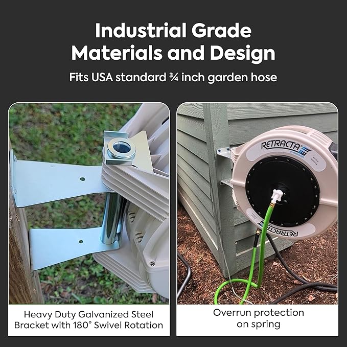 Macnaught Retractable Garden Hose Reel, 60 Ft Water Hose Reel Heavy Duty Retractable Hose with Metal 180° Swivel Rotation Bracket for Wall Mount - Beige