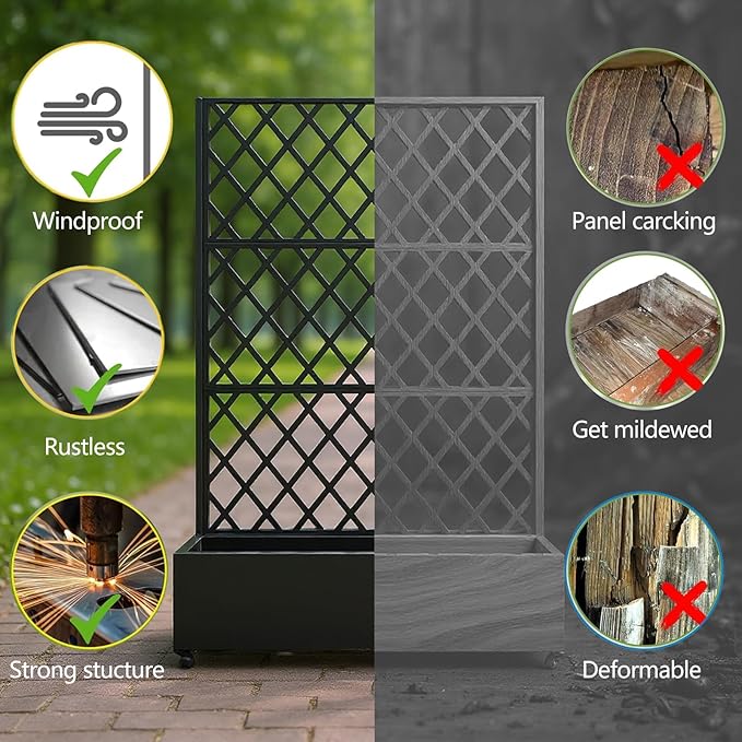 Metal Planter Box with Diamond Lattice Trellis - 72"x47" Galvanized Raised Garden Bed on Wheels for Climbing Plants and Vines, Black Finish