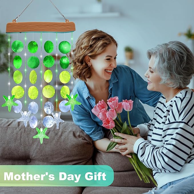 Toodour Solar Wind Chimes for Outside, Birthday Gifts for Women Mom Grandma, Waterproof 2 Modes Shells Solar Powered Outdoor Lights for Patio Holiday Garden Porch Yard Outdoor Decor - White & Green