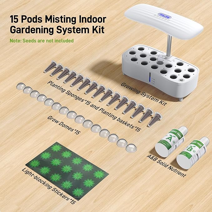 Hydroponics Growing System Kit 15 Pods Misting Indoor Gardening System Indoor Garden Gardening Gifts for Women 5L Water Capacity 48W Grow Light Herb Garden