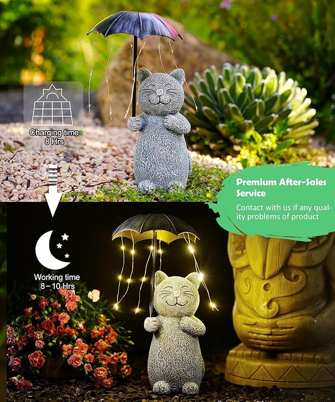Qeeman Cat Garden Statue Outdoor: Outside Decor Yard Patio Balcony Landscaping Lawn Figurine Ornaments - Birthday Gifts for Mom Grandma Women Dad Lover Sister