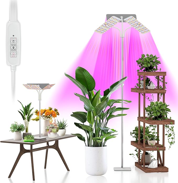 KINGPLUS Grow Lights with Base, Three Heads, Full Spectrum LED Grow Light for Indoor Plants, 360 Leds, 4 Dimmable Levels, Timer 4/8/12h, 12-60inches Height Adjustable, 48w, Ideal for Desk Small Plants