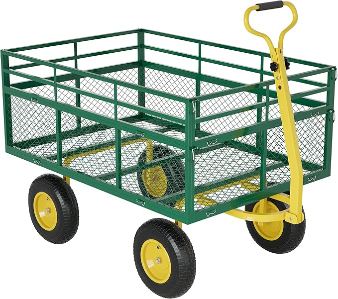 3-in-1 Heavy-Duty Steel Garden Cart, 1400 Lbs Garden Wagon, with 13 Inch All-Terrain Tires and Removable Mesh Side Panels, 180° Rotating Handle, Metal Multi-Function Carts, Outdoor Gardens Wagon Cart