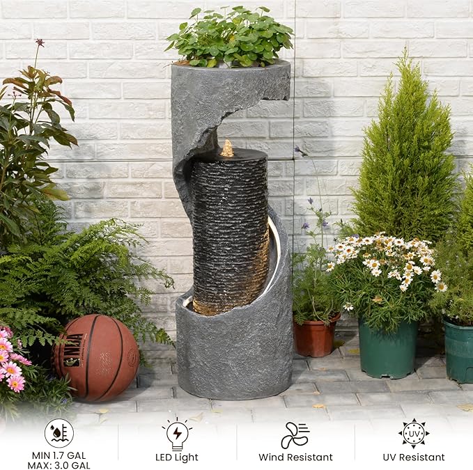 35.4" H Indoor Water Fountain Water Feature Outdoor for Garden, Patio, Deck Decorations, Yard, Porch, Office with Lights Spiral Water Fall Fountains Outside Home Art Decor