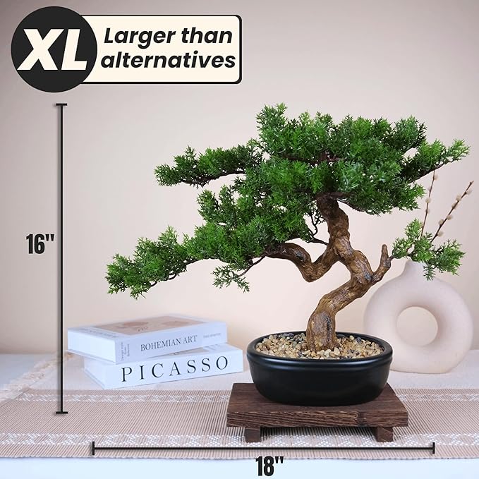 Artificial Bonsai Tree 16" Tall with Realistic Wood and Ceramic Pot Fake Plants Cypress Juniper Pine Zen Faux Plants for Home Bedroom Office Bathroom Japanese Decor