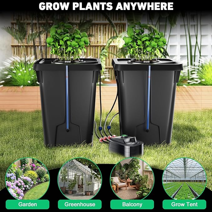 2 Buckets DWC Hydroponics Grow System with Top Drip Kit, 7 Gallon Deep Water Culture with Air Pump, Air Stone, Air Hose, Recirculating Drip Garden System