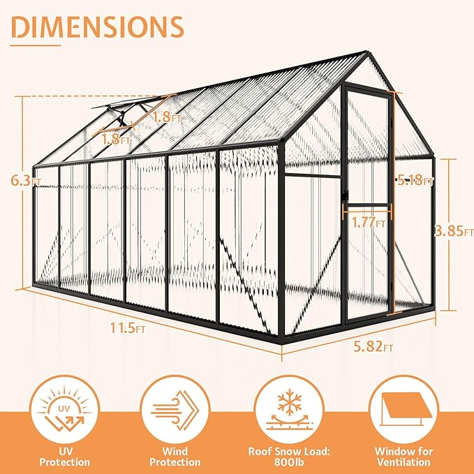 Jocisland 6x12x6.3 FT Polycarbonate Greenhouse for Outdoors with 2 Windows, Dual Swing Doors, Aluminum Walk-in Frame, Heavy Duty Garden Greenhouse for Backyard, Black