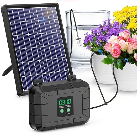 Automatic Drip Irrigation Kit, 8W Solar Irrigation System for Garden with Digital Programmable Timing Modes, Solar Watering System Take Care Your Plants