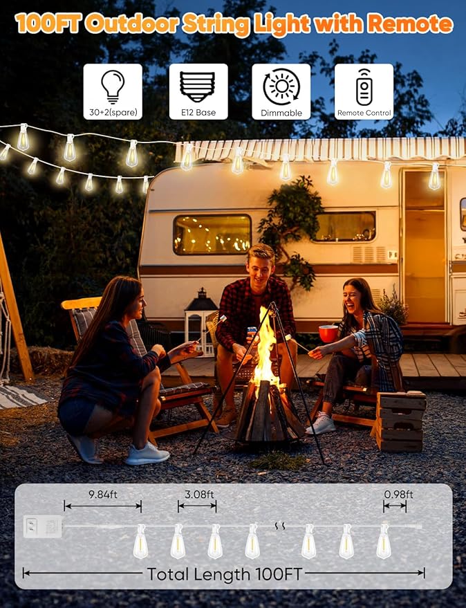 Brightever 100FT Outdoor String Lights with Remote, Dimmable LED Patio Lights with 32 ST38 Shatterproof Vintage Bulbs, 2700K Warm White 3 Modes 2 Timer Outside Light for Yard, Deck, Cafe, White